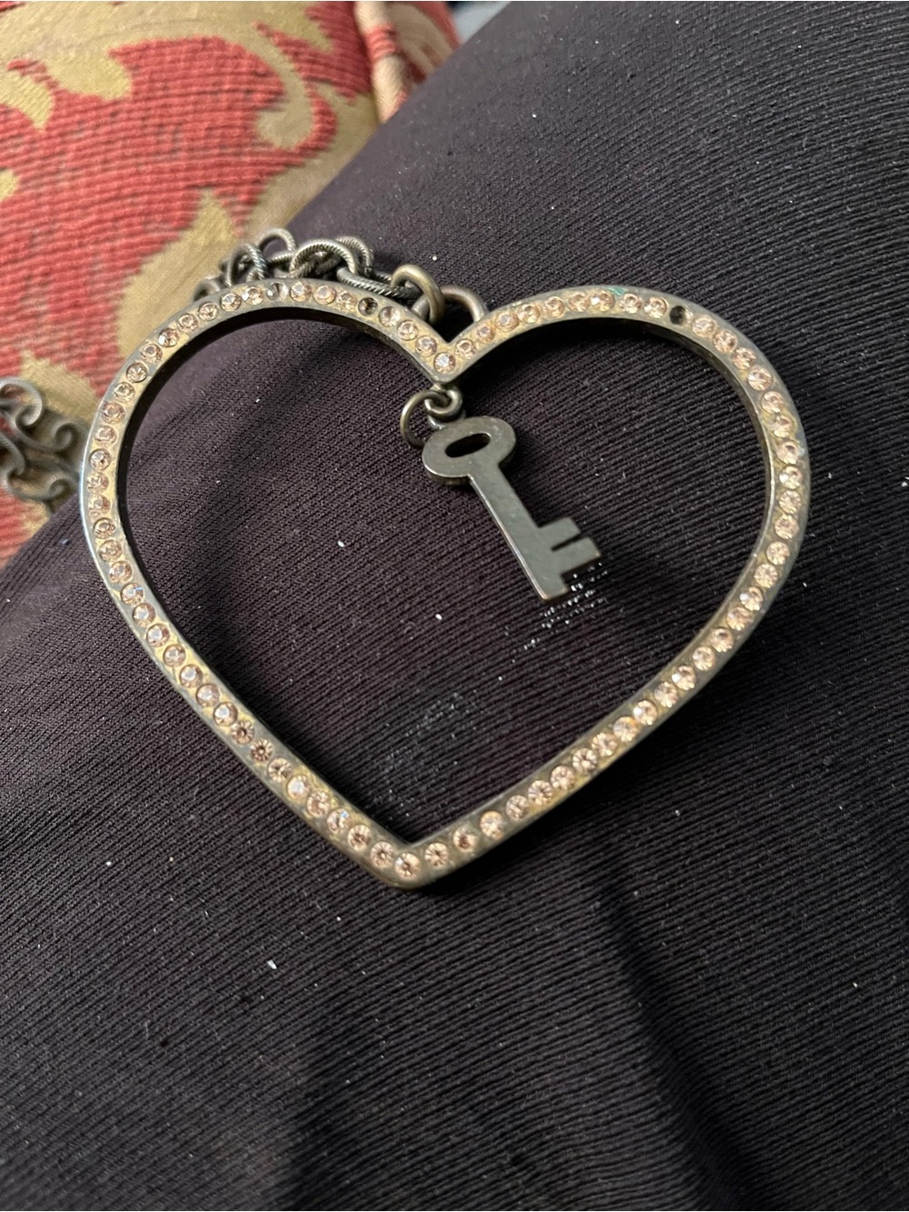 Heart Key Pendant Necklace - Black with soft amber Crystals